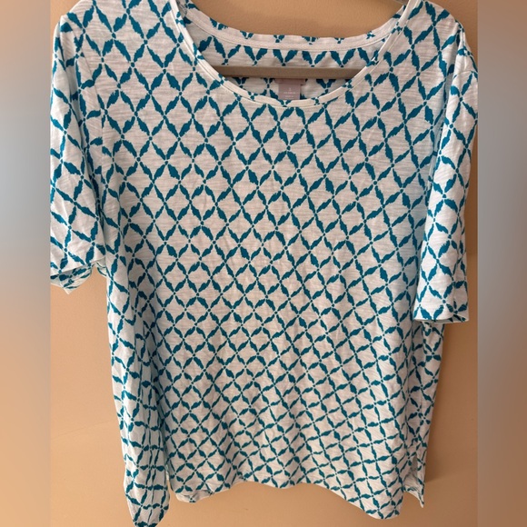 Chico's Slub Cotton geo teal pattern short sleeve shirt size XL - Picture 1 of 8